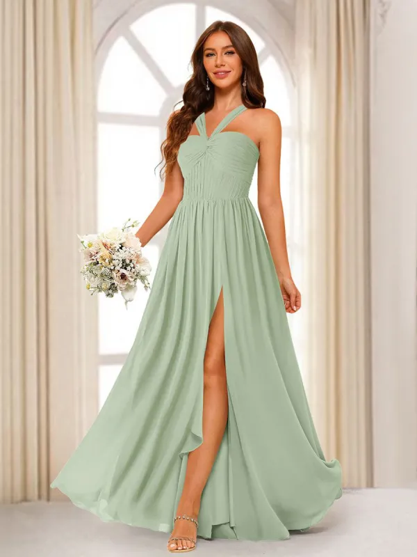 A-Line/Princess Halter Long Bridesmaid Dresses with Split Side sold by Lavetir