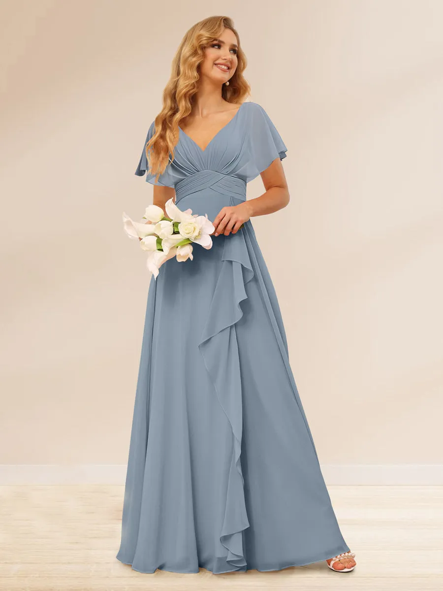 A-Line/Princess V-Neck Long Bridesmaid Dresses with Ruffles sold by Lavetir
