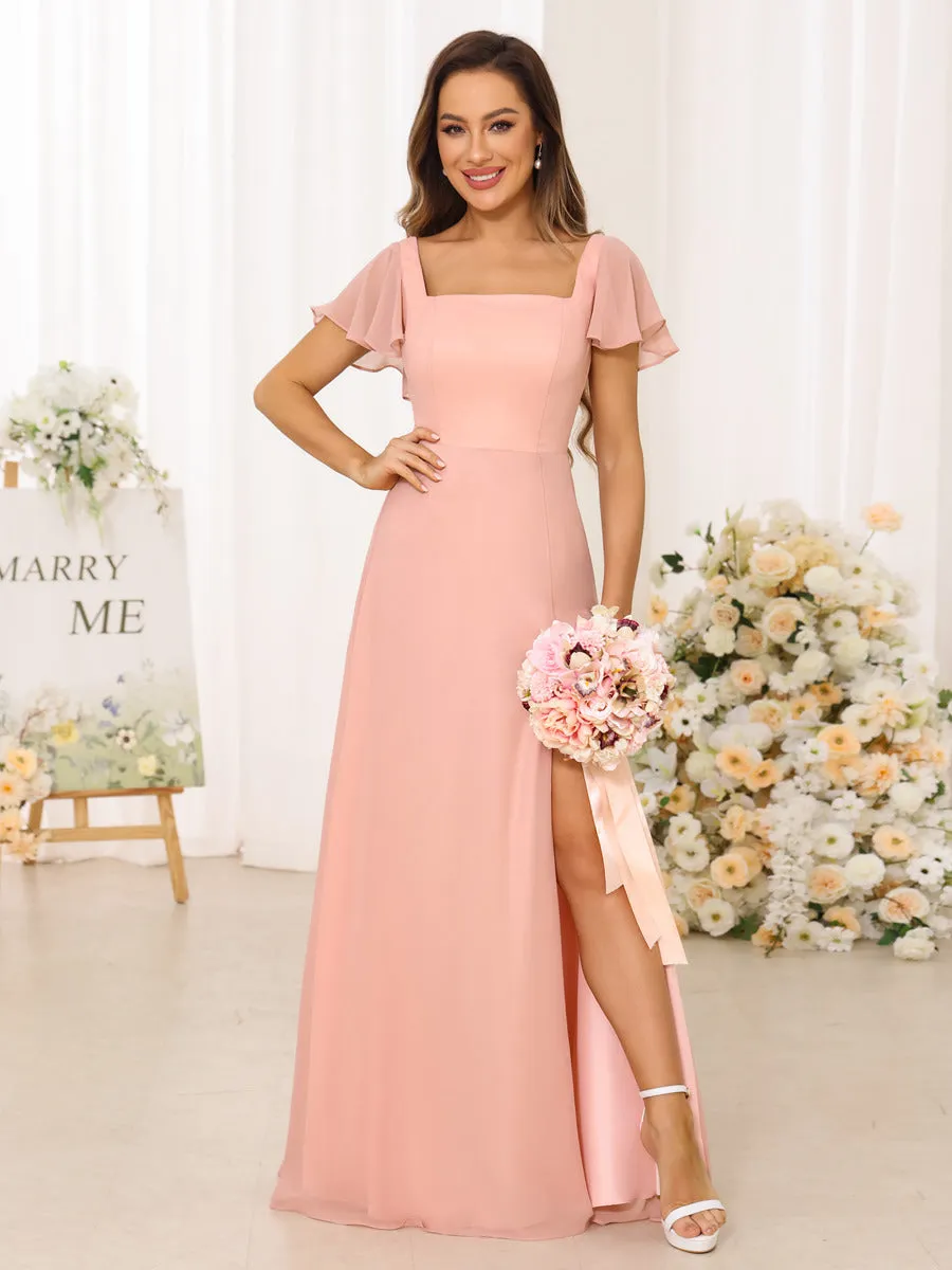 A-Line/Princess Square Neck Short Sleeves Long Bridesmaid Dresses With Split Side sold by Lavetir product image thumbnail 4