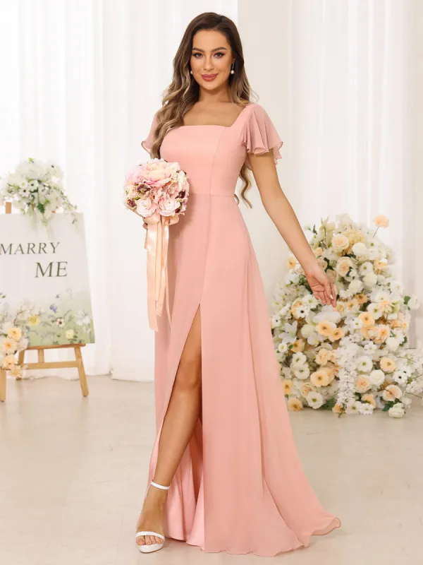 A-Line/Princess Square Neck Short Sleeves Long Bridesmaid Dresses With Split Side sold by Lavetir