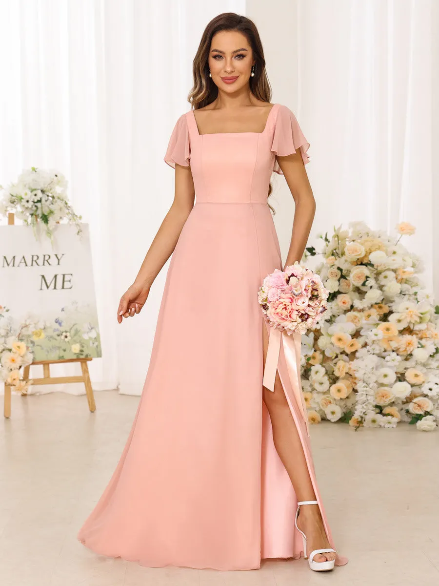 A-Line/Princess Square Neck Short Sleeves Long Bridesmaid Dresses With Split Side sold by Lavetir product image thumbnail 5