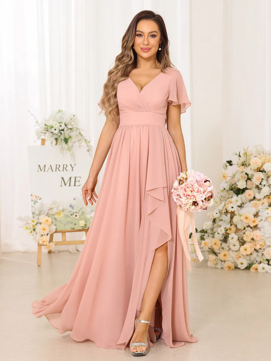 A-Line/Princess V-Neck Short Sleeves Long Bridesmaid Dresses With Split Side sold by Lavetir product image thumbnail 5