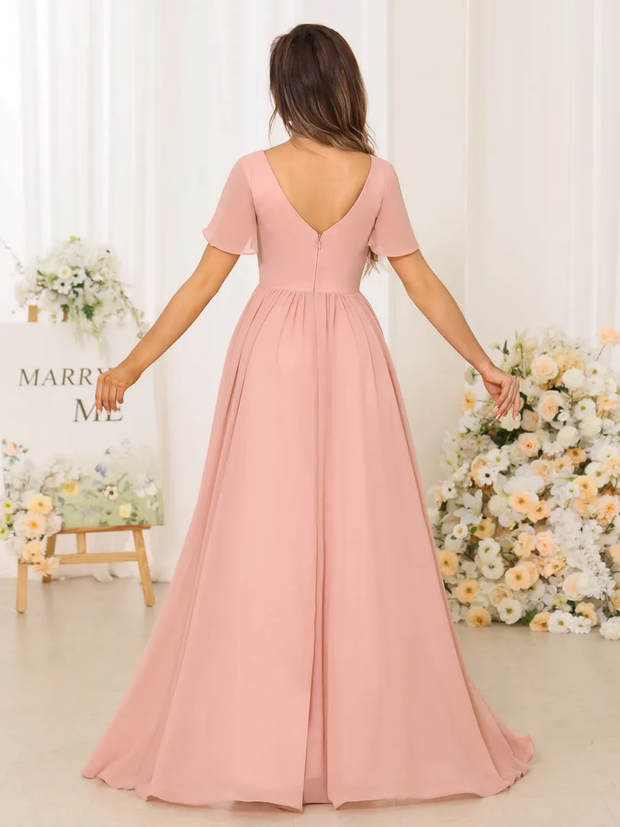 A-Line/Princess V-Neck Short Sleeves Long Bridesmaid Dresses With Split Side sold by Lavetir product image thumbnail 2