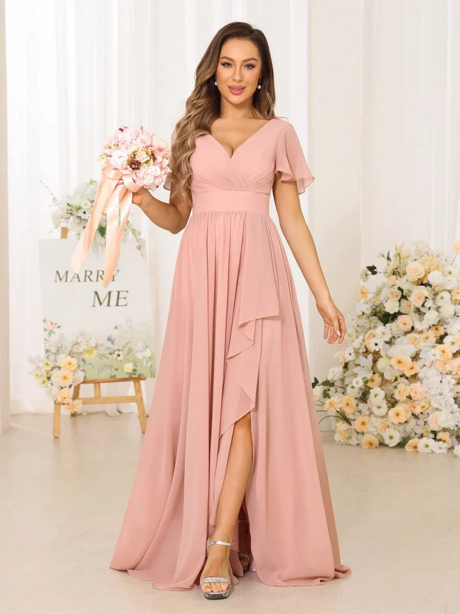 A-Line/Princess V-Neck Short Sleeves Long Bridesmaid Dresses With Split Side sold by Lavetir product image thumbnail 3