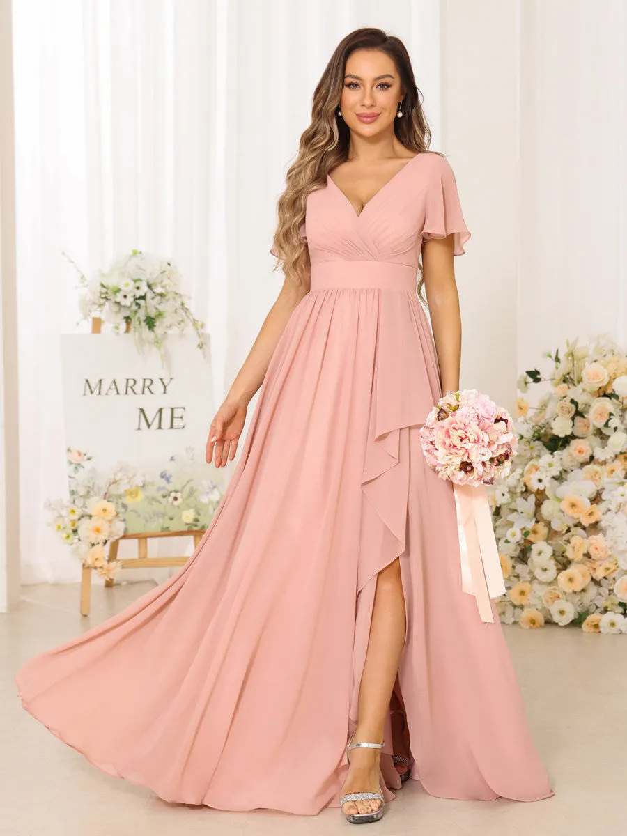 A-Line/Princess V-Neck Short Sleeves Long Bridesmaid Dresses With Split Side sold by Lavetir product image thumbnail 4