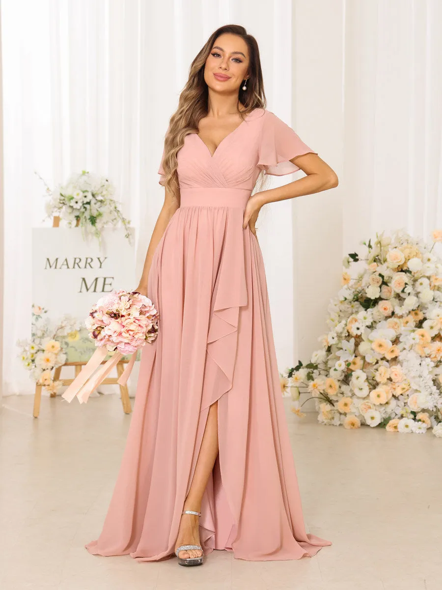 A-Line/Princess V-Neck Short Sleeves Long Bridesmaid Dresses With Split Side sold by Lavetir