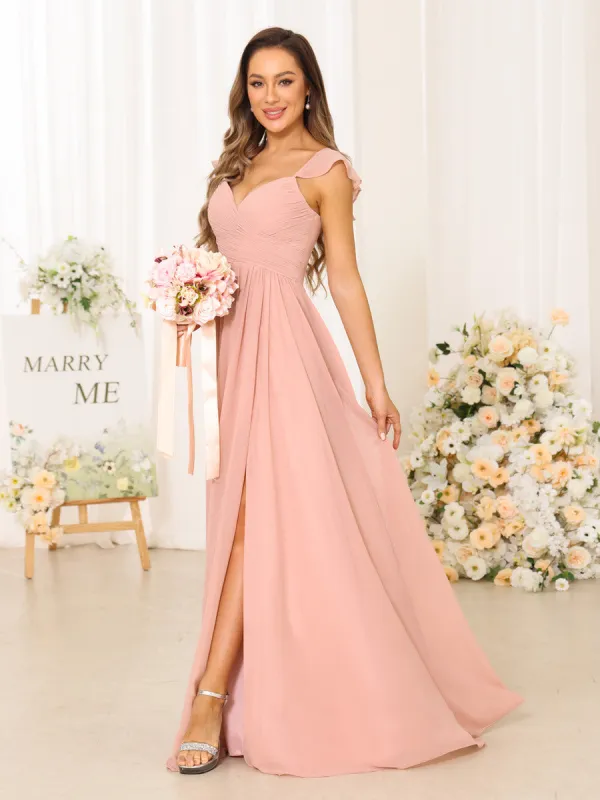 A-Line/Princess V-Neck Floor Length Bridesmaid Dresses With Split Side sold by Lavetir
