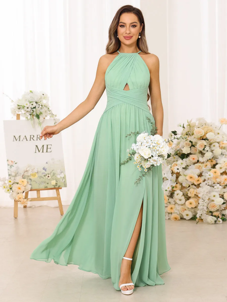 A Line/Princess Halter Long Bridesmaid Dresses with Split Side sold by Lavetir product image thumbnail 5