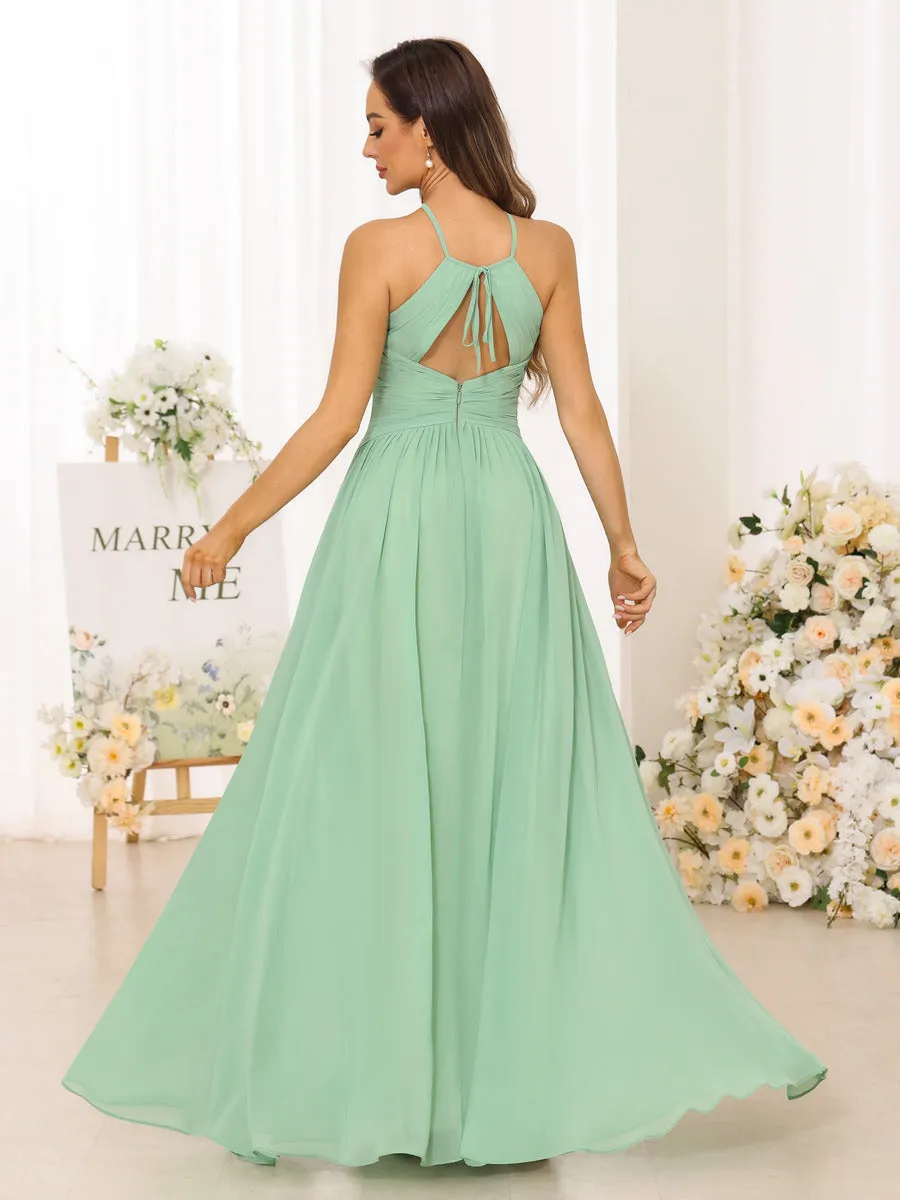A Line/Princess Halter Long Bridesmaid Dresses with Split Side sold by Lavetir product image thumbnail 2
