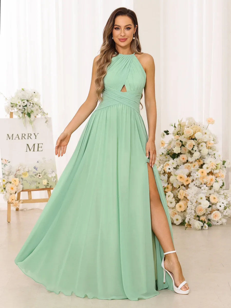 A Line/Princess Halter Long Bridesmaid Dresses with Split Side sold by Lavetir product image thumbnail 4