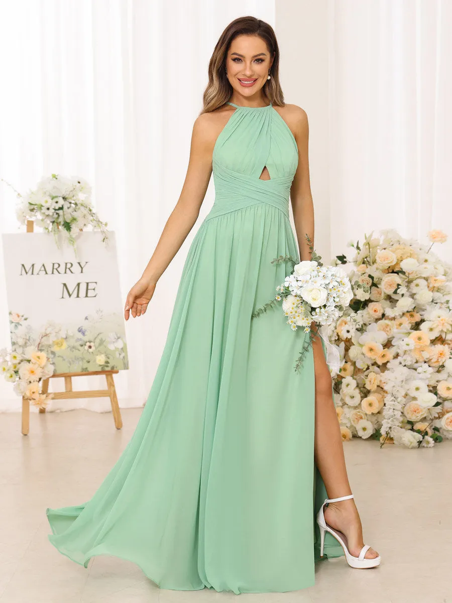 A Line/Princess Halter Long Bridesmaid Dresses with Split Side sold by Lavetir