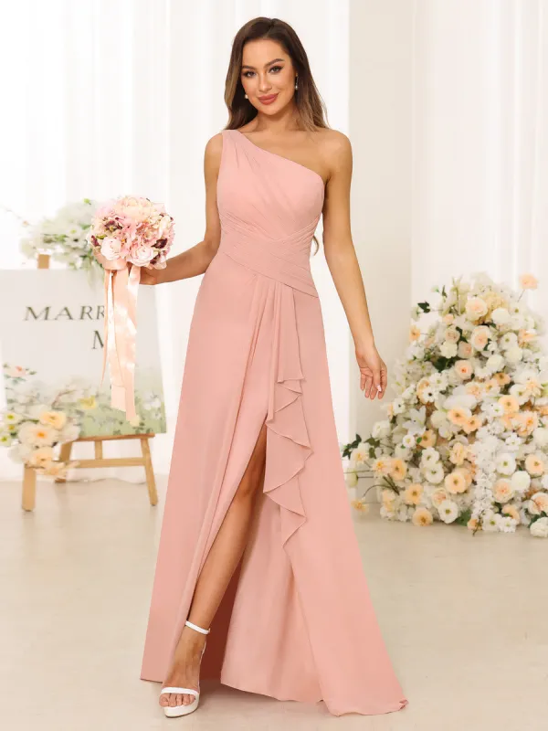 A-Line/Princess One-Shoulder Long Bridesmaid Dresses with Split Side sold by Lavetir