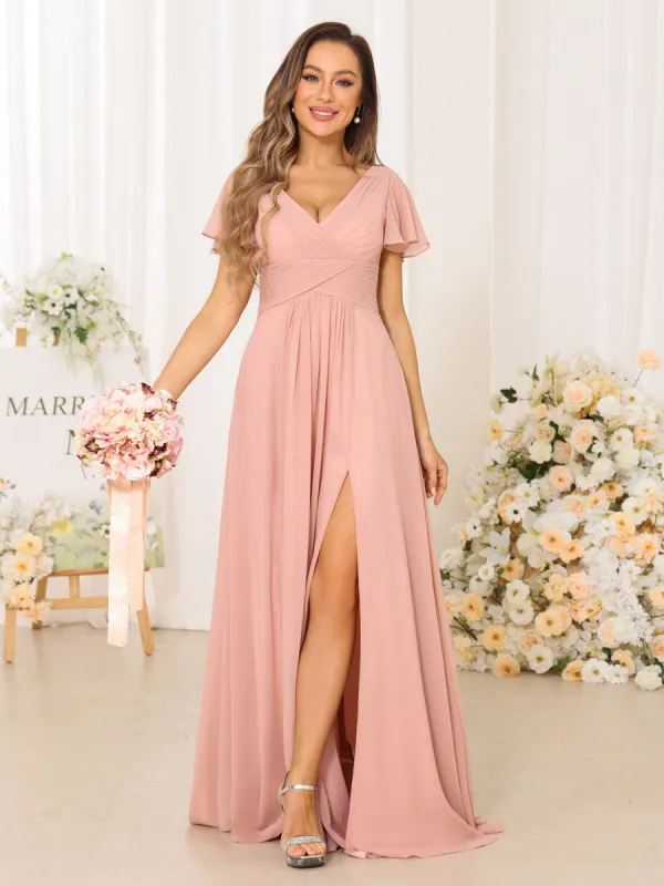 A-Line/Princess V-Neck Short Sleeves Long Bridesmaid Dresses with Split Side sold by Lavetir