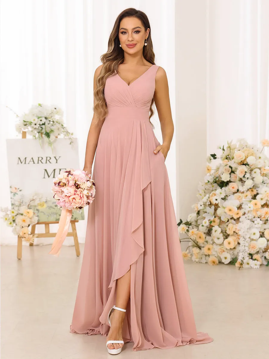 A-Line/Princess V-Neck Split Side Long Bridesmaid Dresses with Pockets sold by Lavetir product image thumbnail 3