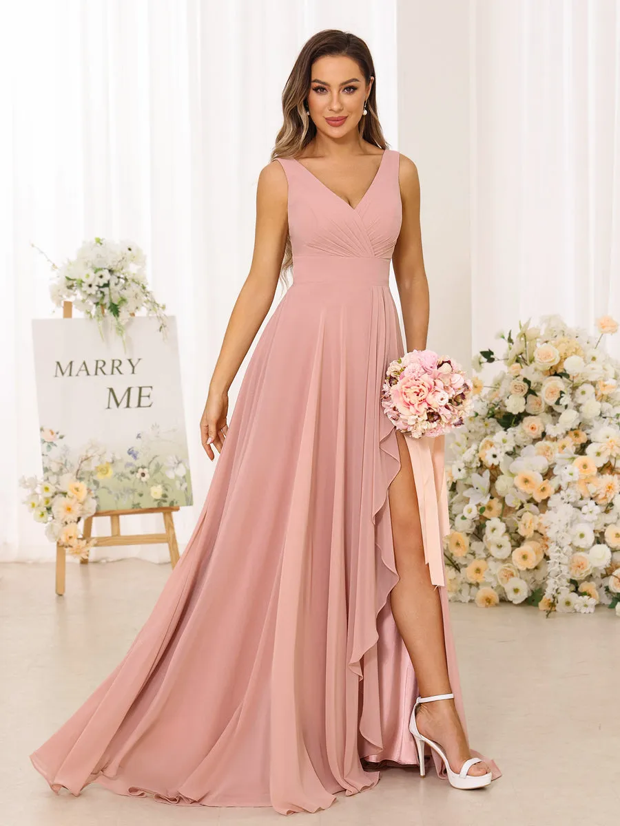 A-Line/Princess V-Neck Split Side Long Bridesmaid Dresses with Pockets sold by Lavetir