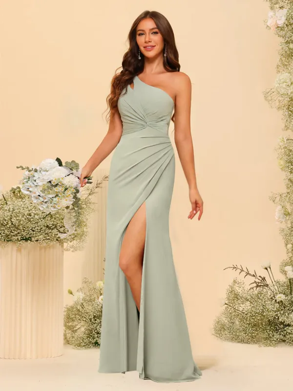 Sheath/Column One-Shoulder Long Bridesmaid Dresses with Split Side sold by Lavetir