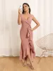 Sheath/Column V-Neck Long Asymmetrical Prom Dresses with Ruffles & Split Side sold by Lavetir