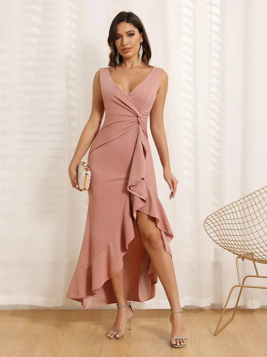 Sheath/Column V-Neck Long Asymmetrical Prom Dresses with Ruffles & Split Side sold by Lavetir