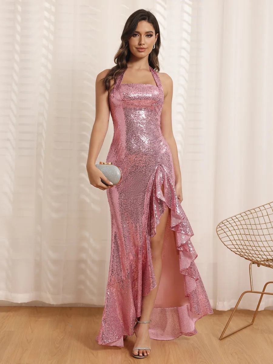 Sheath/Column Halter Long Prom Dresses with Sequins & Split Side sold by Lavetir product image thumbnail 4
