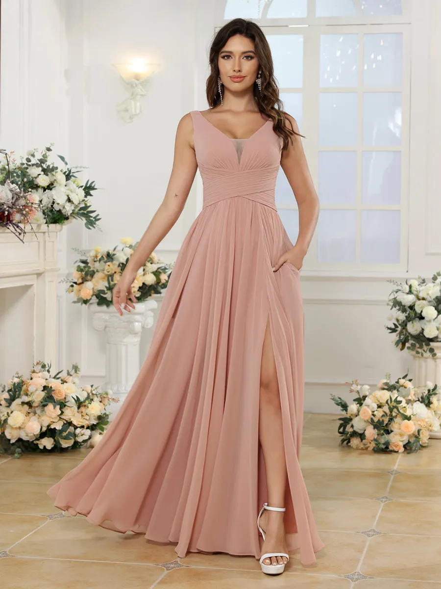 A-Line/Princess V-Neck Long Wedding Party Dresses with Split Side & Pockets sold by Lavetir product image thumbnail 2