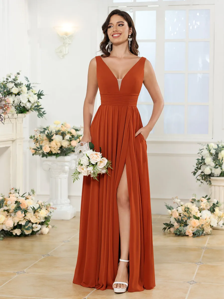 A-Line/Princess V-Neck Long Wedding Party Dresses with Split Side & Pockets sold by Lavetir product image thumbnail 2