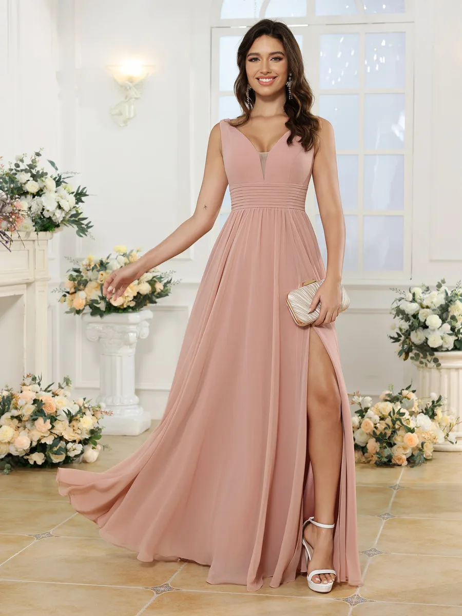 A-Line/Princess V-Neck Long Wedding Party Dresses with Split Side & Pockets sold by Lavetir product image thumbnail 4