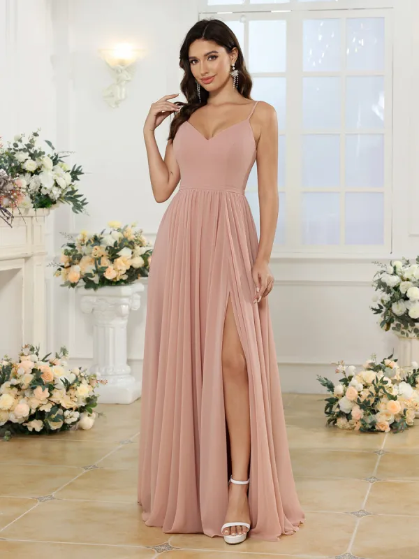 A-Line/Princess Spaghetti Straps Long Wedding Party Dresses with Split Side sold by Lavetir