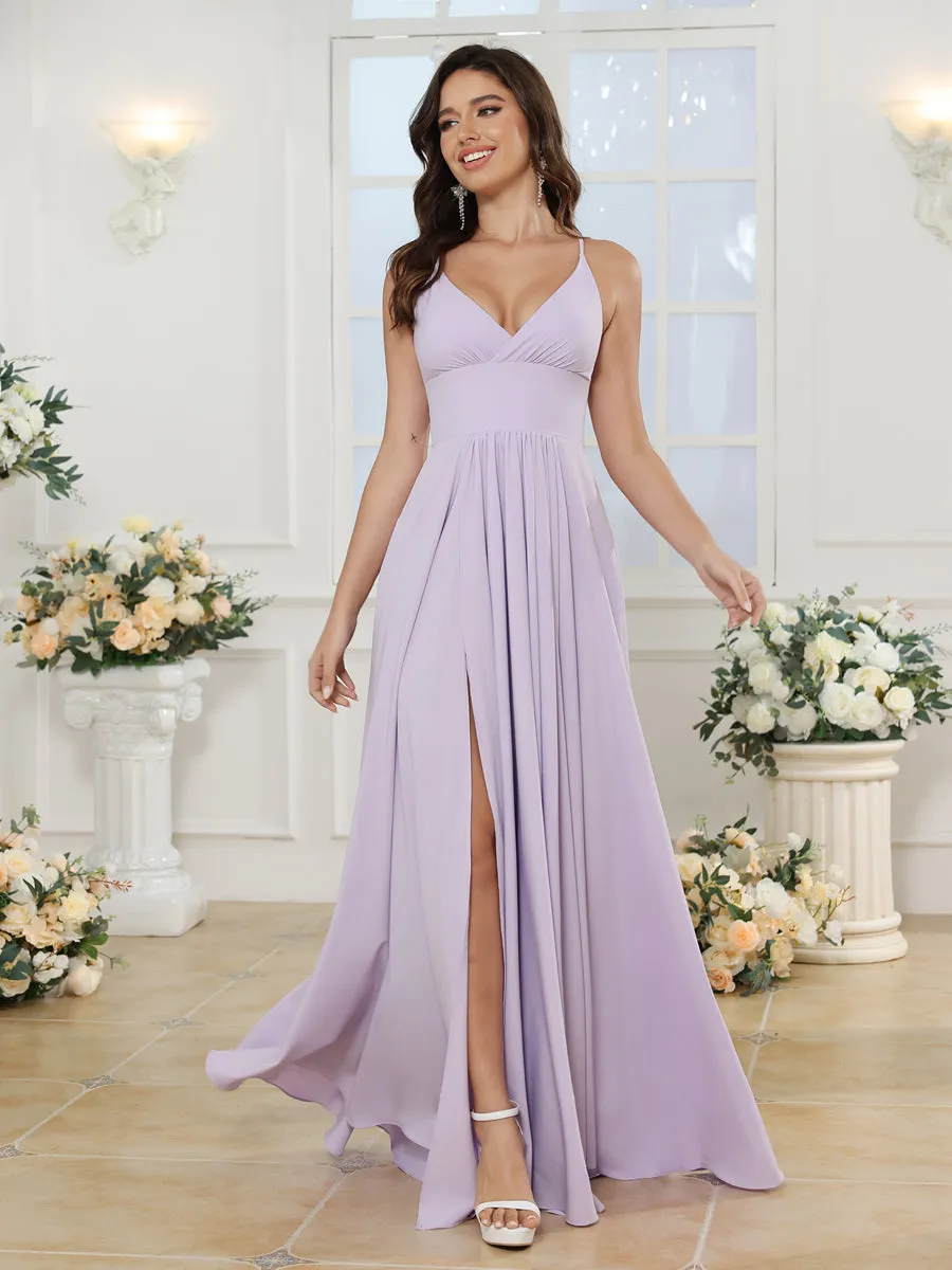 A-Line/Princess Spaghetti Straps Long Wedding Party Dresses with Split Side sold by Lavetir product image thumbnail 3