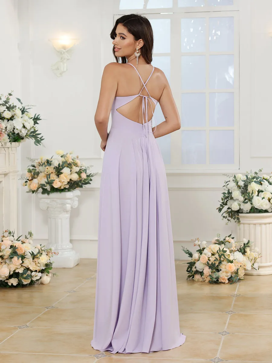 A-Line/Princess Spaghetti Straps Long Wedding Party Dresses with Split Side sold by Lavetir product image thumbnail 2