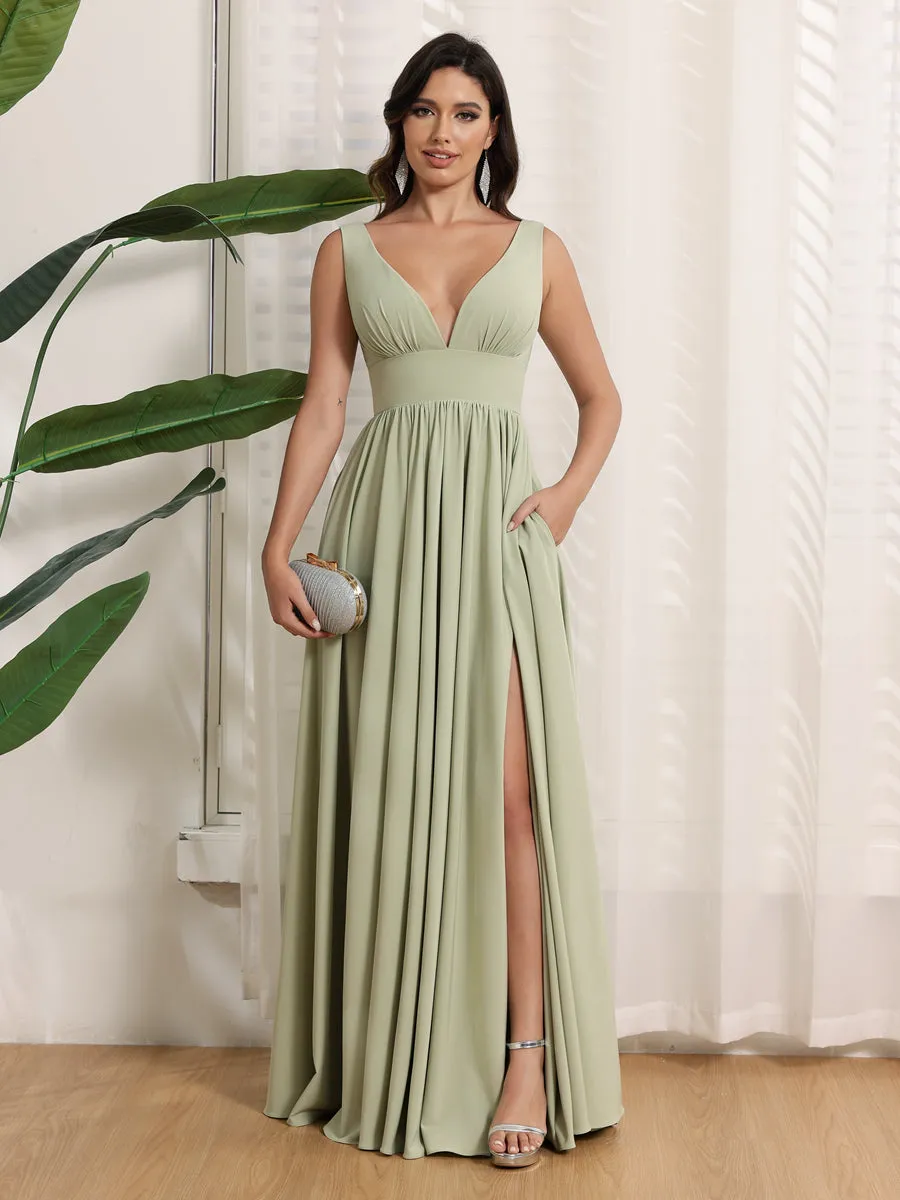 A-Line/Princess V-Neck Long Wedding Party Dresses with Split Side & Pockets sold by Lavetir product image thumbnail 3