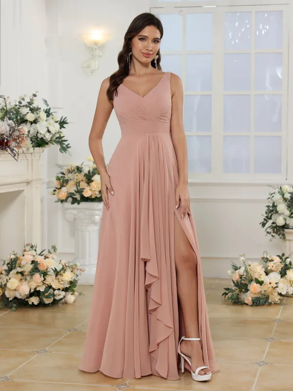 A-Line/Princess V-Neck Long Wedding Party Dresses with Split Side sold by Lavetir