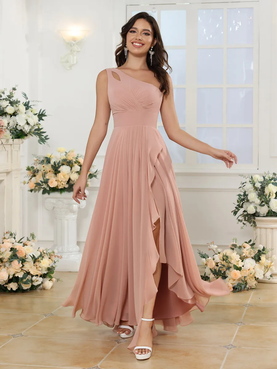 A-Line/Princess One-Shoulder Long Wedding Party Dresses with Split Side sold by Lavetir product image thumbnail 4