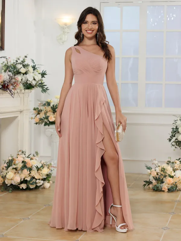 A-Line/Princess One-Shoulder Long Wedding Party Dresses with Split Side sold by Lavetir