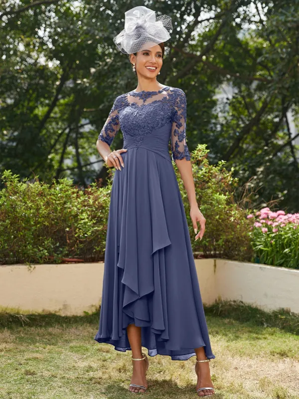A-Line/Princess Sheer Neck Half Sleeves Long Evening Dresses with Appliques sold by Lavetir