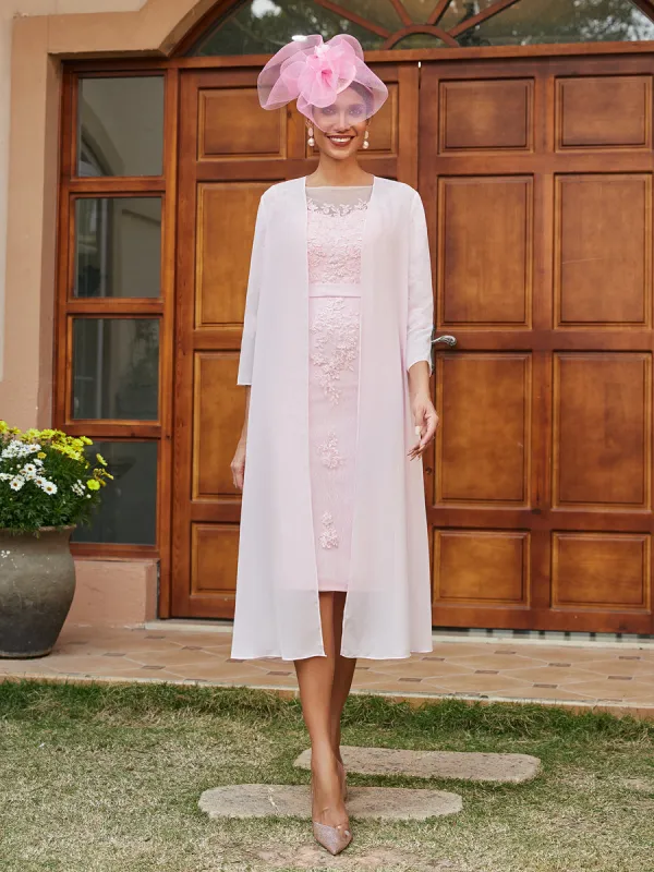 Sheath/Column Sheer Neck 3/4 Sleeves Knee-Length Evening Dresses with Appliques & Jacket sold by Lavetir