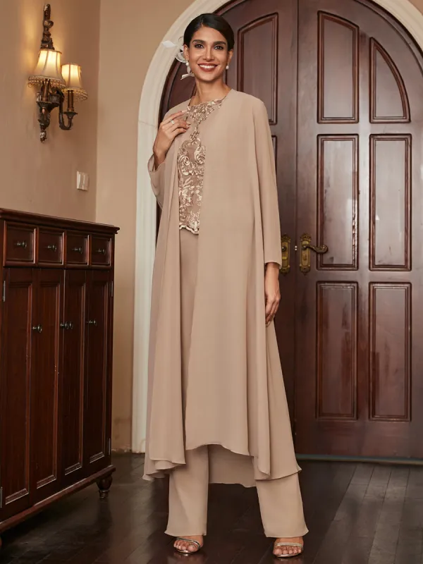 Chiffon Scoop Long Sleeves 3 Pieces Pantsuits with Appliques & Jacket sold by Lavetir