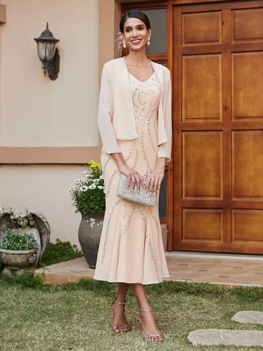 Sheath/Column V-Neck 3/4 Sleeves Long Evening Dresses with Sequins & Jacket sold by Lavetir