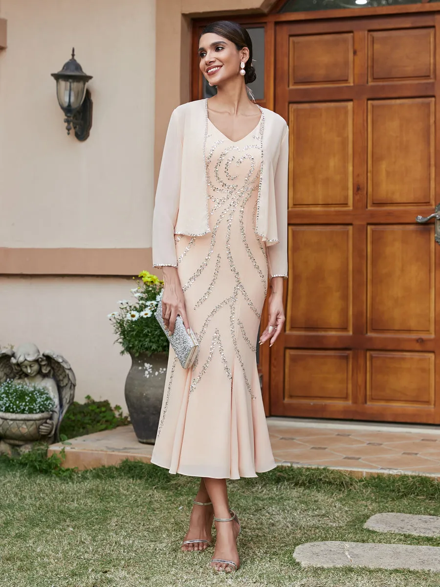 Sheath/Column V-Neck 3/4 Sleeves Long Evening Dresses with Sequins & Jacket sold by Lavetir product image thumbnail 5