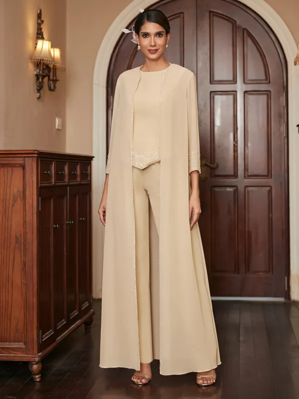 Chiffon Scoop 3/4 Sleeves 3 Pieces Pantsuits with Sequins & Jacket sold by Lavetir