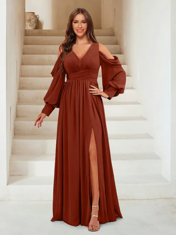 A-Line V-Neck Long Sleeves Bridesmaid Dresses with Split sold by Lavetir