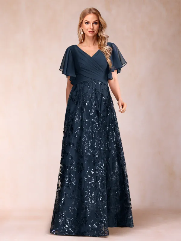 A-Line/Princess Floor-Length Short Sleeves V-Neck Mother of the Bride Dresses sold by Lavetir