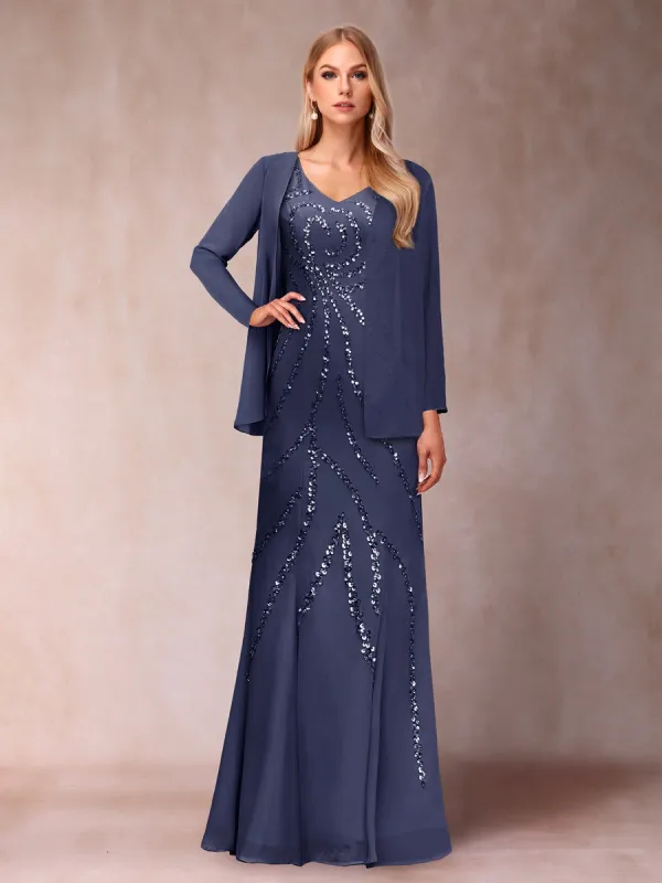 Sheath/Column V-Neck Floor-Length Mother of the Bride Dresses With Jacket & Sequins sold by Lavetir