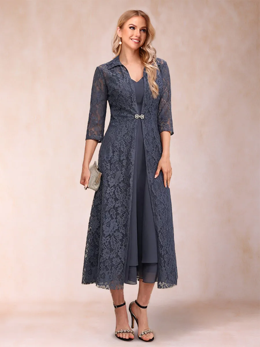 A-Line/Princess Tea-Length 3/4 Sleeves V-Neck Mother of the Bride Dresses sold by Lavetir
