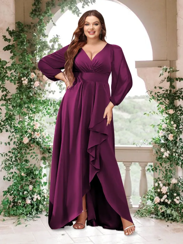 A-Line/Princess V-Neck Long Sleeves Chiffon Ruched Asymmetrical Plus Size Bridesmaid Dresses with Pockets sold by Lavetir