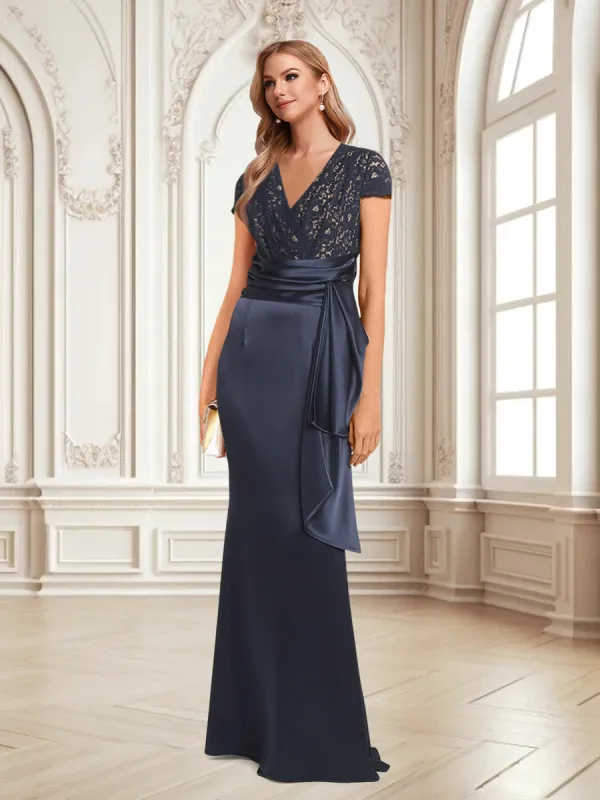 Trumpet/Mermaid V-Neck Short Sleeves Mother of the Bride Dresses With Sash sold by Lavetir