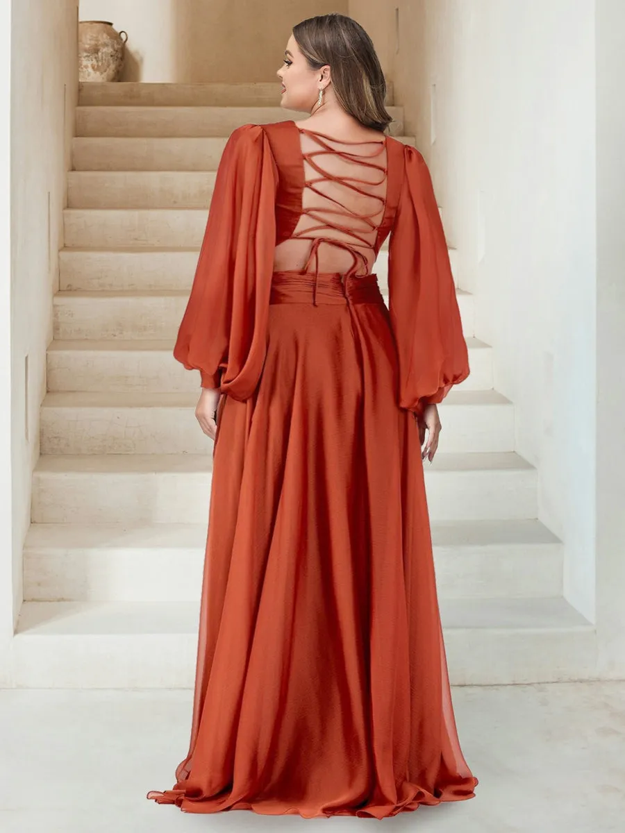 A-Line/Princess V-Neck Long Sleeves Floor Length Plus Size Bridesmaid Dresses with Split Side sold by Lavetir product image thumbnail 2