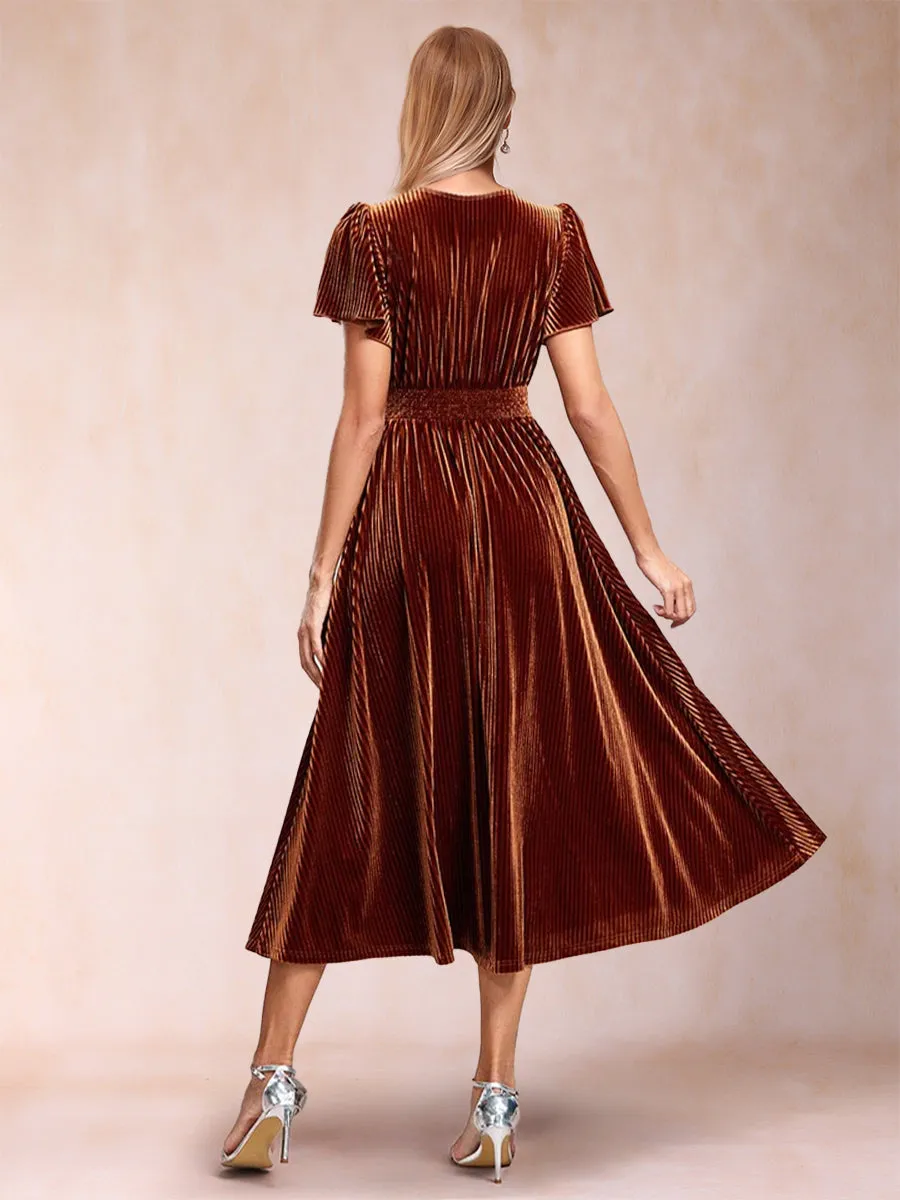 A-Line/Princess Velvet V-Neck Tea-Length Mother of the Bride Dresses sold by Lavetir product image thumbnail 2