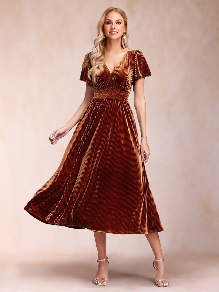 A-Line/Princess Velvet V-Neck Tea-Length Mother of the Bride Dresses sold by Lavetir