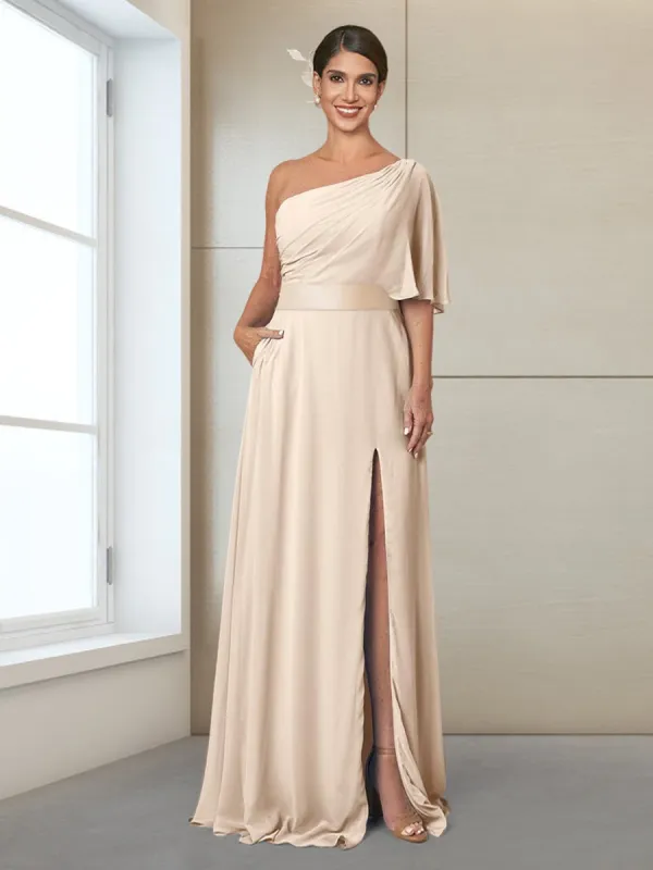 Sheath/Column One-Shoulder Half Sleeves Mother of the Bride Dresses With Split Side sold by Lavetir