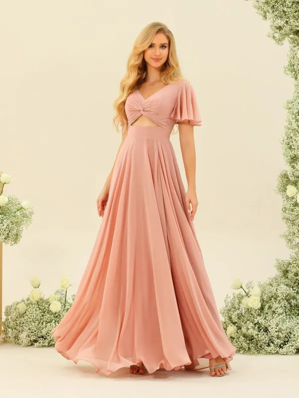A-Line/Princess Ruffles V-Neck Short Sleeves Bridesmaid Dresses With Bowknot sold by Lavetir